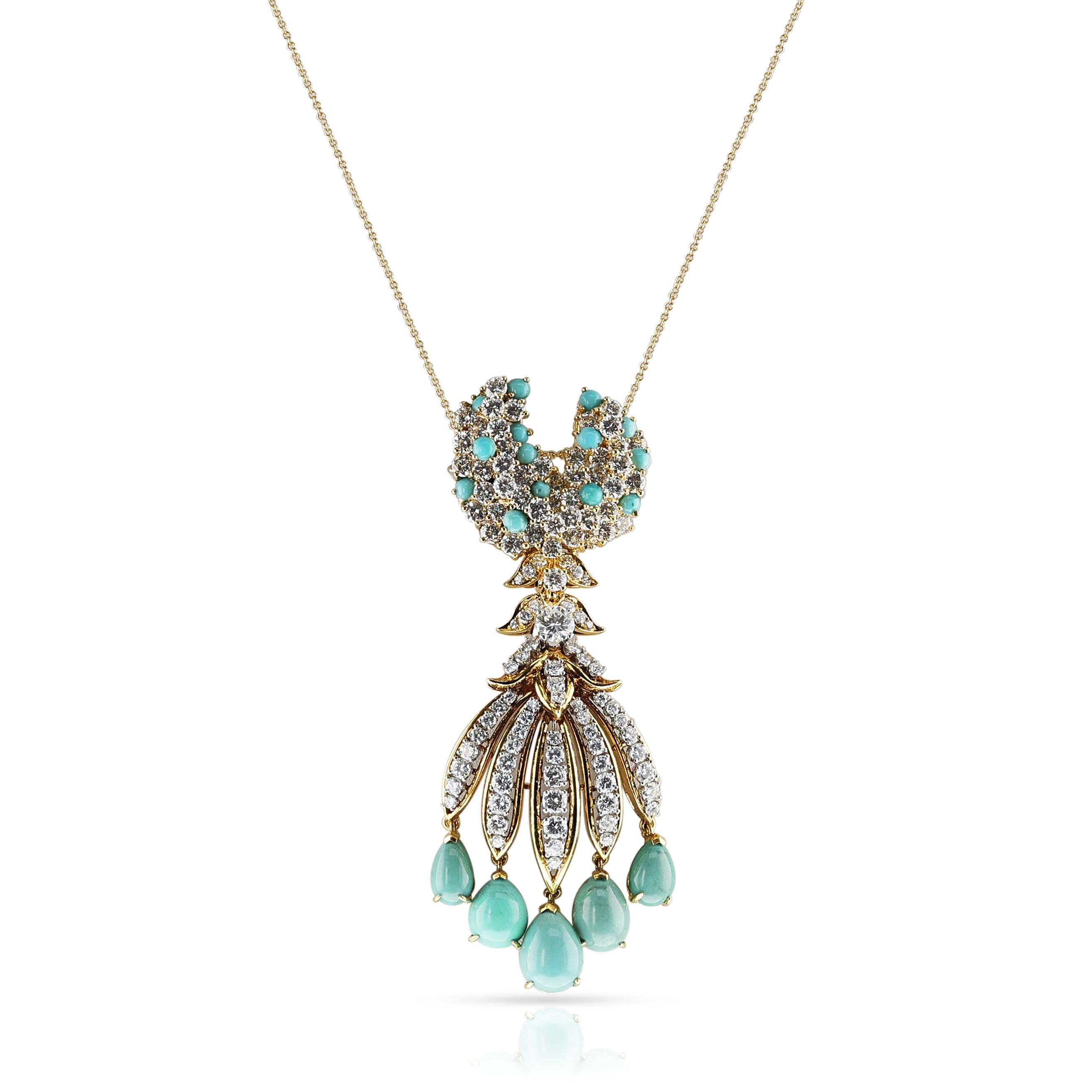 Türkis- und Diamant- Fransen-Halskette, abnehmbare Brosche, 18k 4