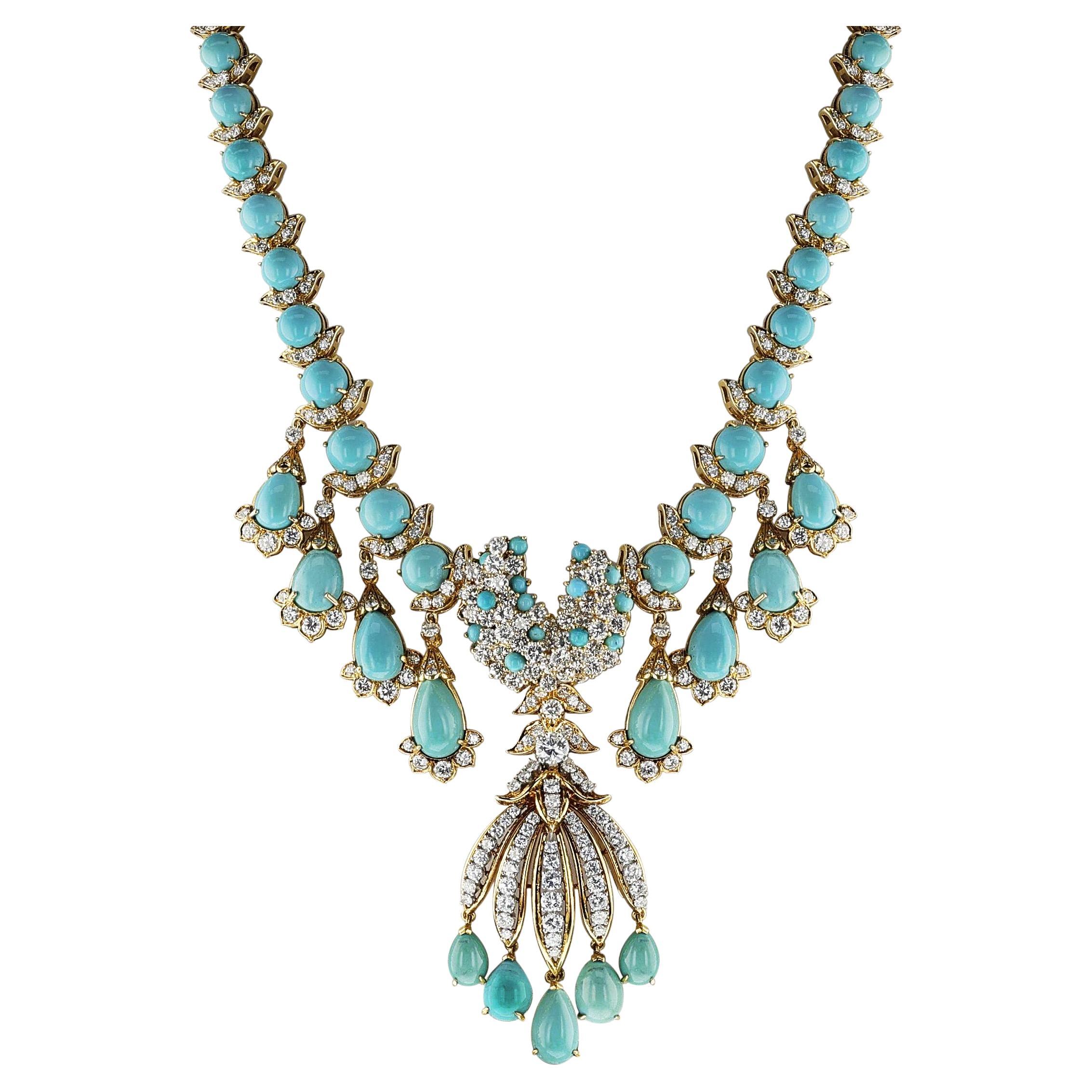 Collier à franges en turquoise et diamants, broche amovible, 18k