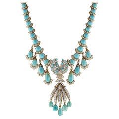 Vintage Turquoise and Diamond Fringe Necklace, Detachable Brooch, 18k