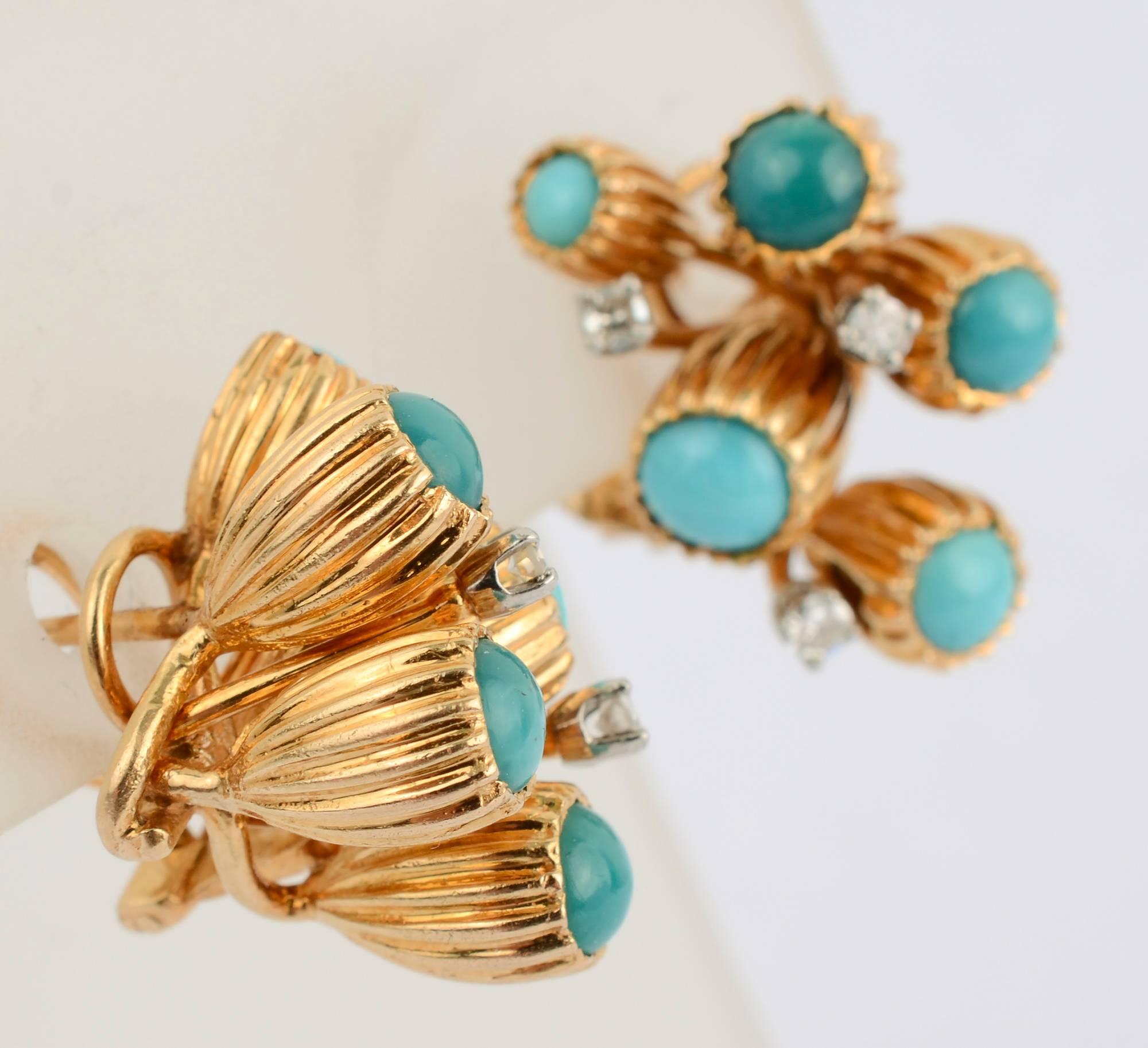 Cabochon Turquoise and Diamond Gold Earrings