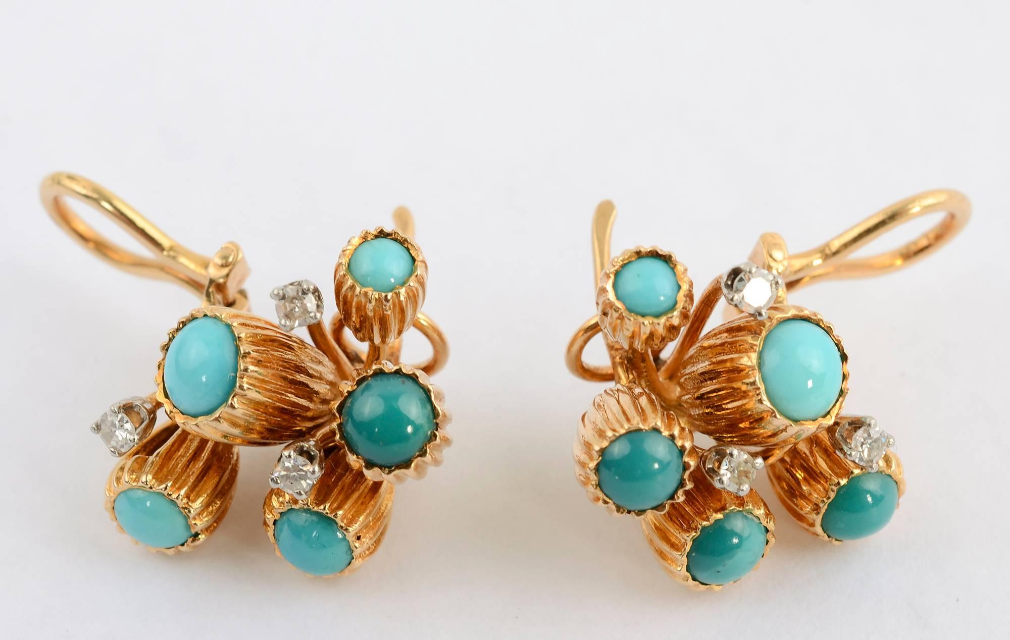 Turquoise and Diamond Gold Earrings In Excellent Condition In Darnestown, MD