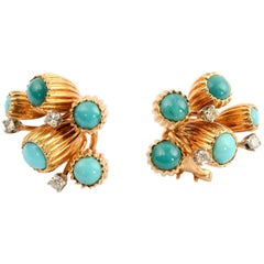 Turquoise and Diamond Gold Earrings