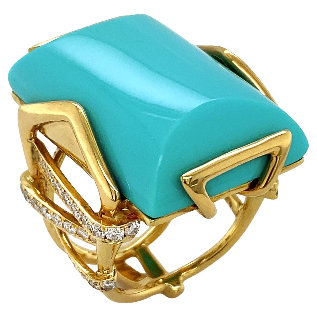 Sleeping Beauty Turquoise and Diamond 18K Yellow Gold Ring For Sale