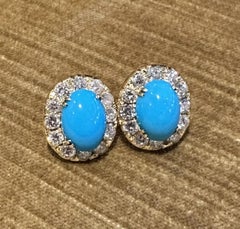 Turquoise and Diamond Halo Button Earrings in 18k Yellow Gold