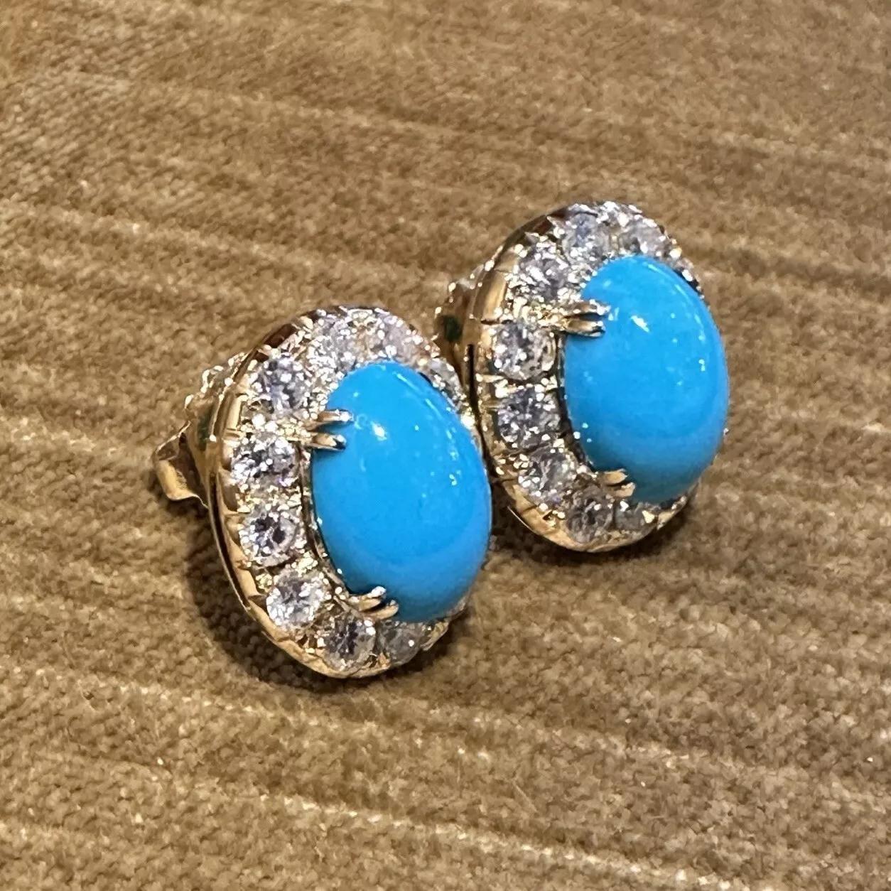 Cabochon Turquoise and Diamond Halo Button Earrings in 18k Yellow Gold For Sale