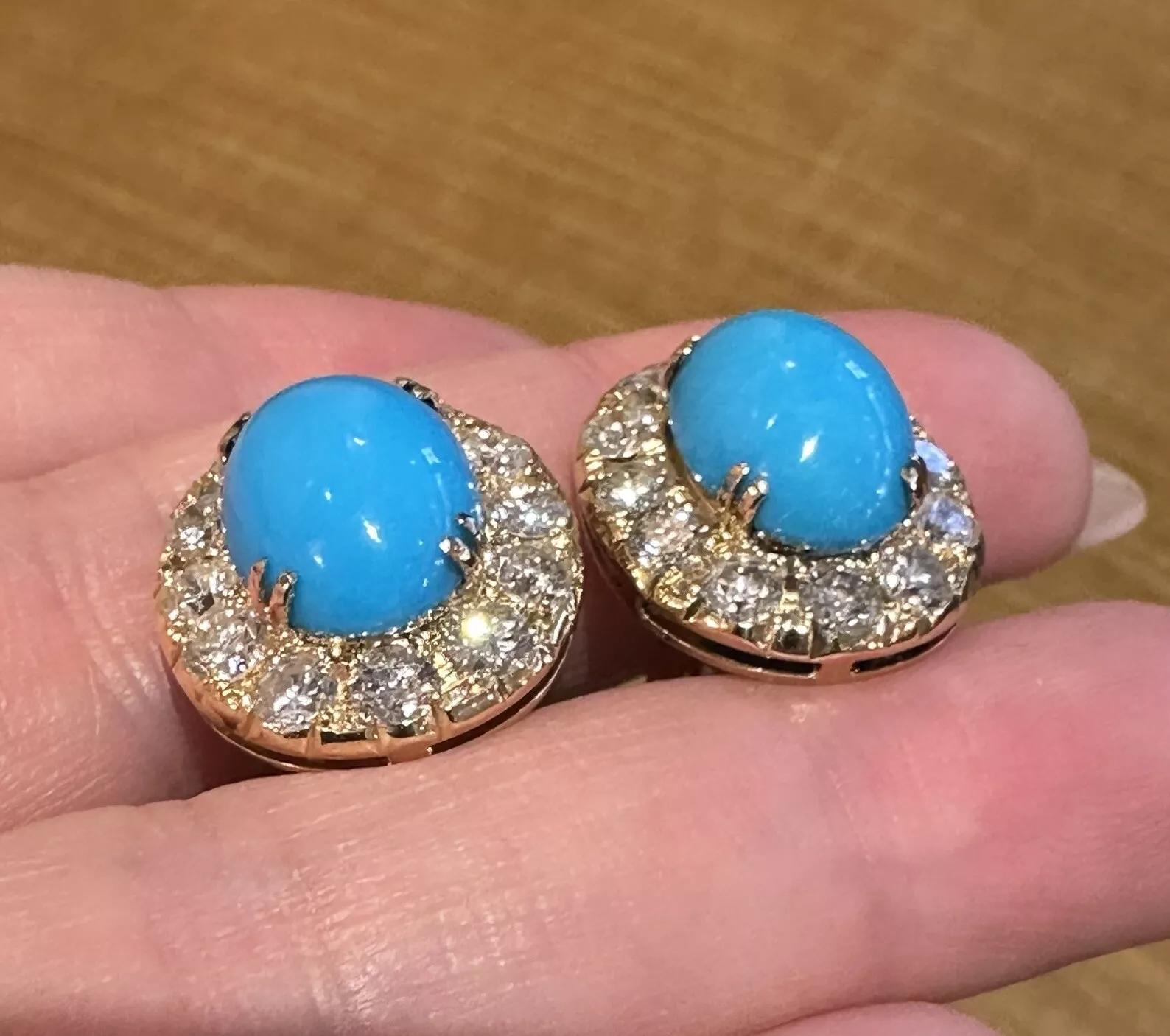 Women's Turquoise and Diamond Halo Button Earrings in 18k Yellow Gold For Sale