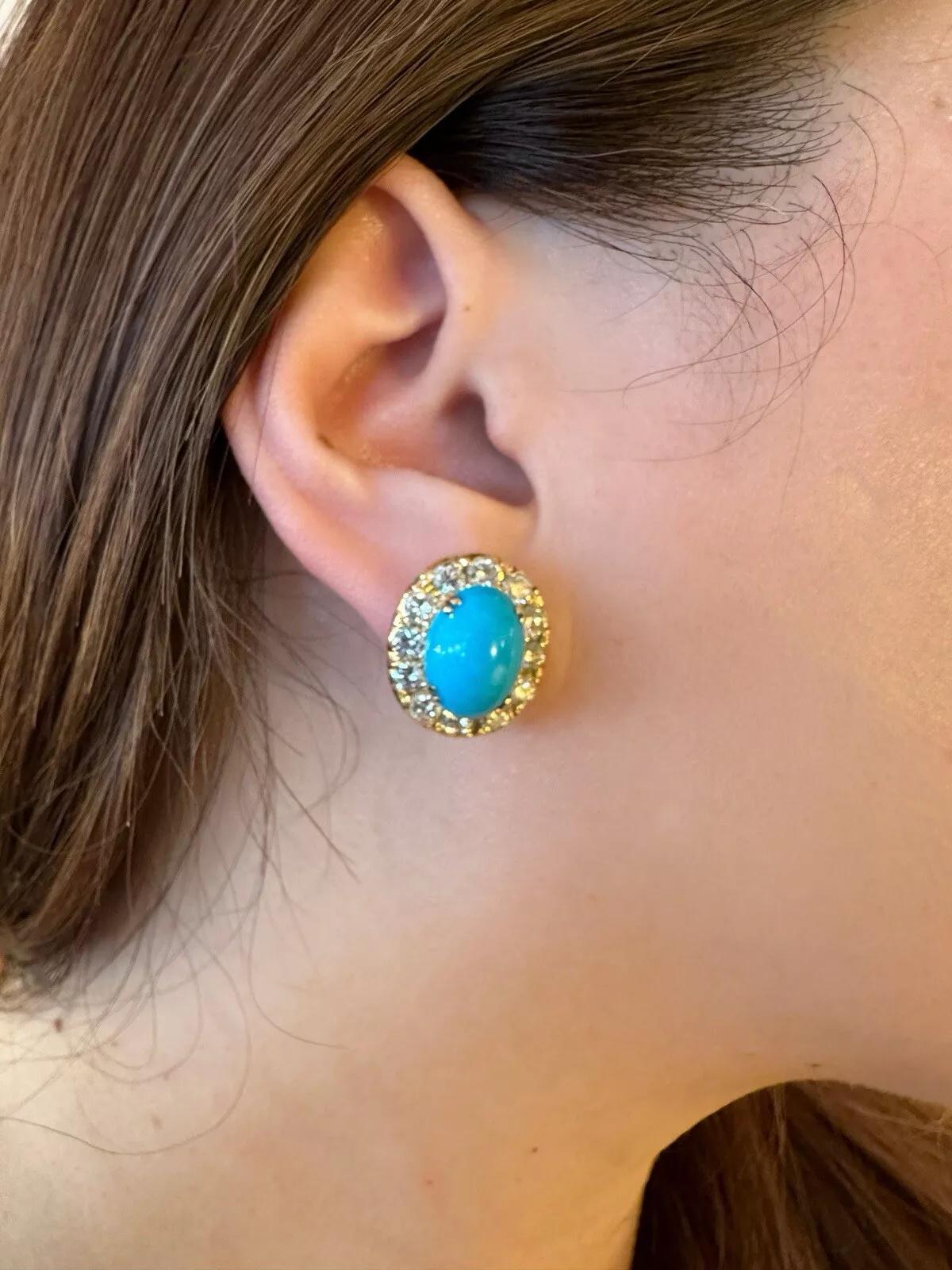Turquoise and Diamond Halo Button Earrings in 18k Yellow Gold For Sale 1