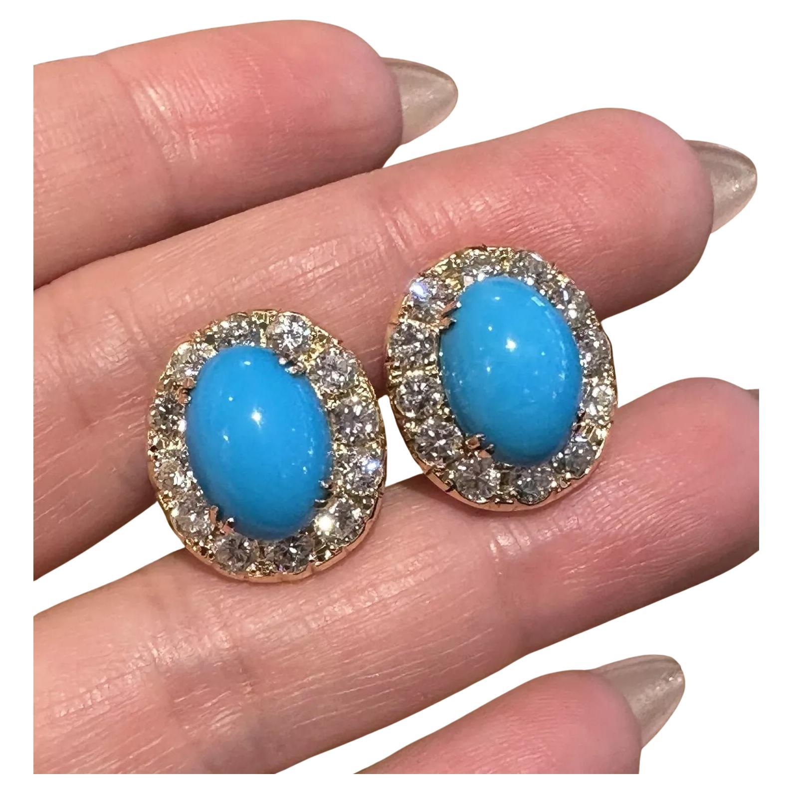 Turquoise and Diamond Halo Button Earrings in 18k Yellow Gold For Sale