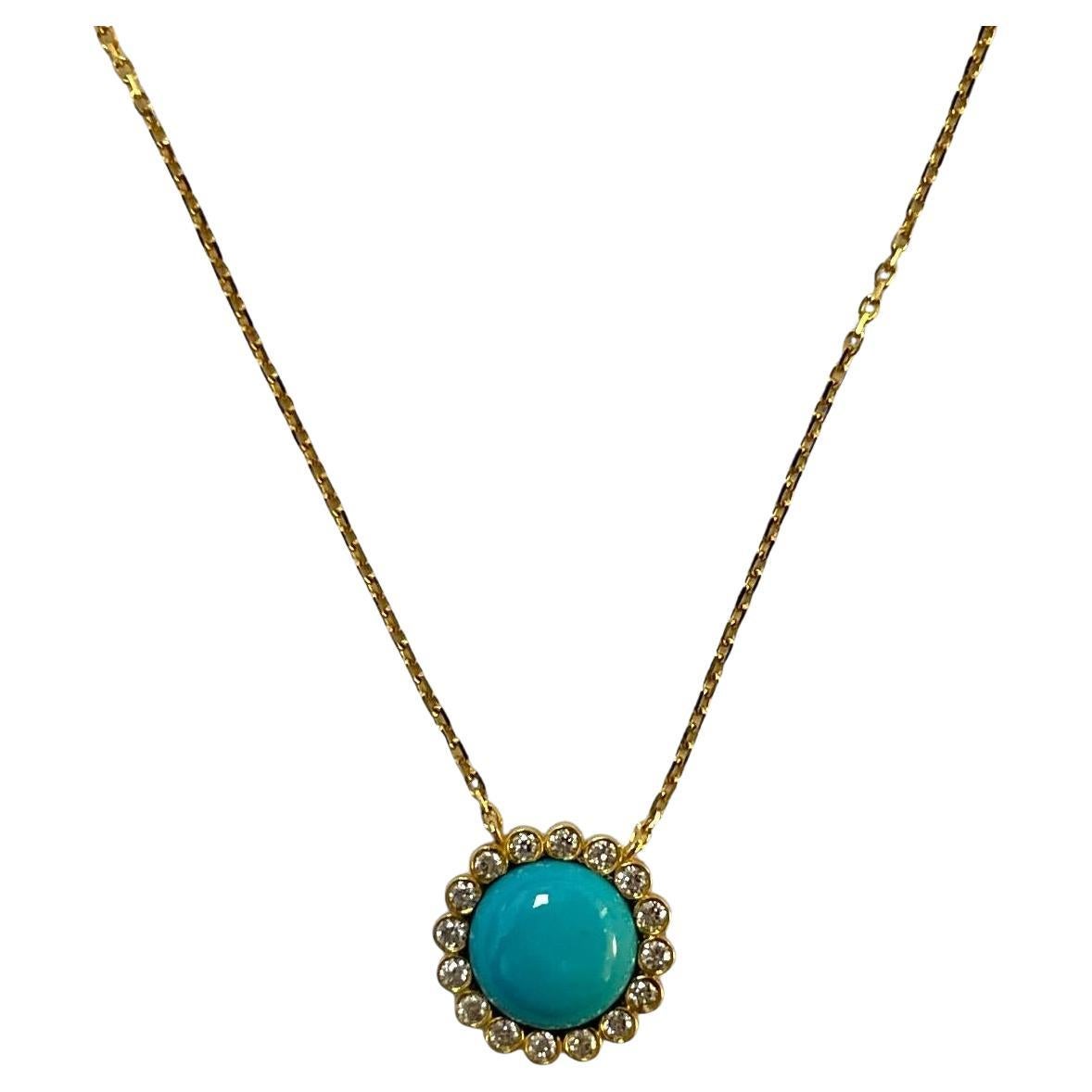 Turquoise and Diamond Halo 18K Yellow Gold Necklace