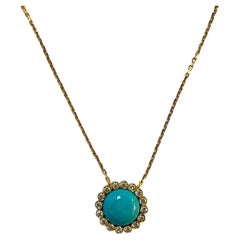 Turquoise and Diamond Halo 18K Yellow Gold Necklace