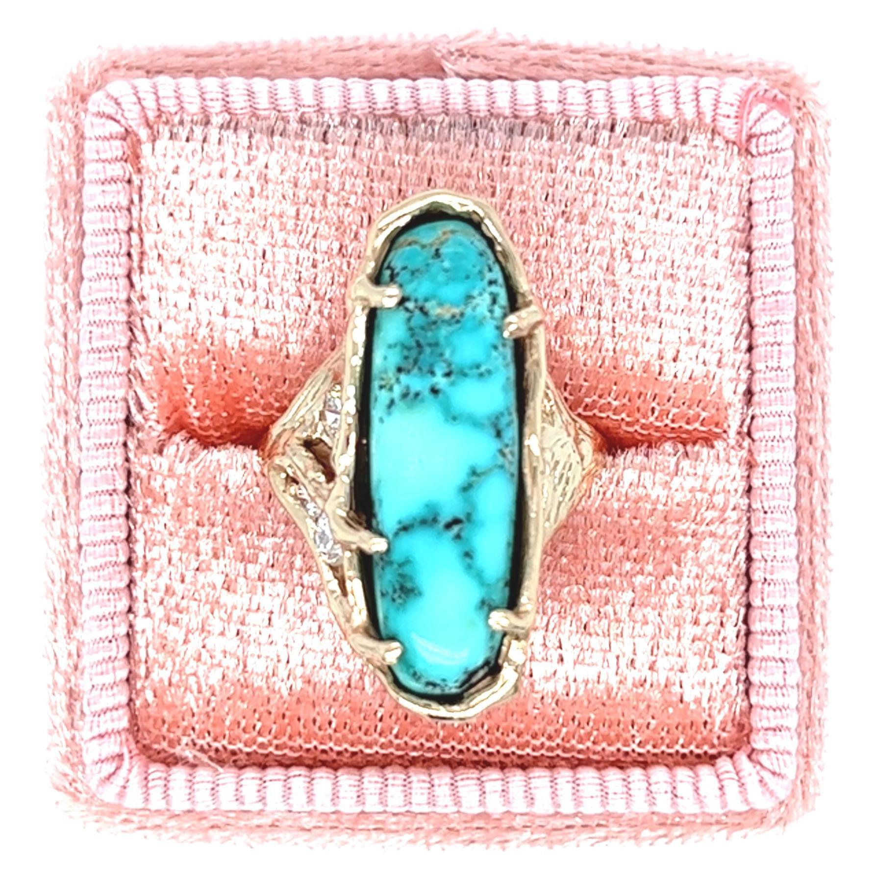 Turquoise and Diamond Handcrafted Twig Ring 18k Yellow Gold