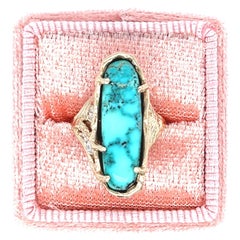 Vintage Turquoise and Diamond Handcrafted Twig Ring 18k Yellow Gold