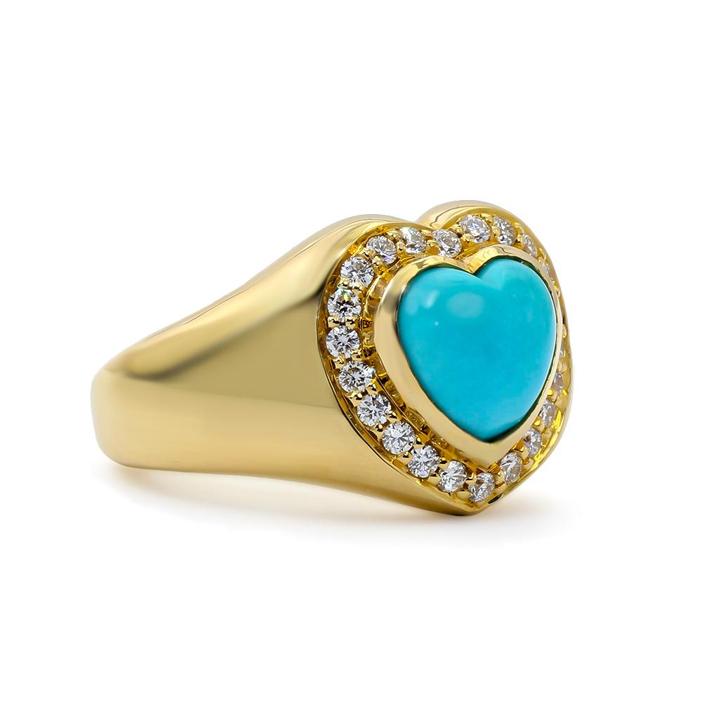 Cabochon Turquoise and Diamond Heart Signet Ring, 18 Karat Yellow Gold