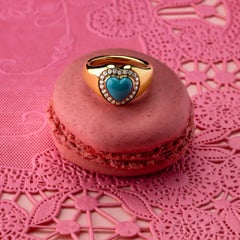 Turquoise and Diamond Heart Signet Ring, 18 Karat Yellow Gold