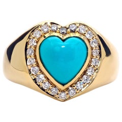 Bague signet en forme de cœur:: turquoise et diamant:: or jaune 18 carats
