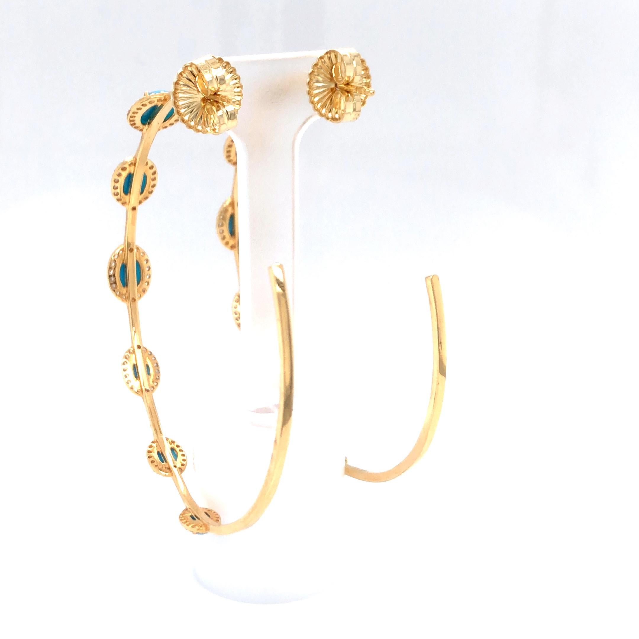 Cabochon Turquoise and Diamond Hoops 18K Yellow Gold For Sale
