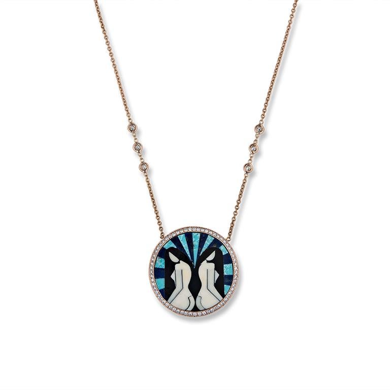 Turquoise and Diamond Inlay Zodiac Necklace In New Condition For Sale In Los Angeles, CA