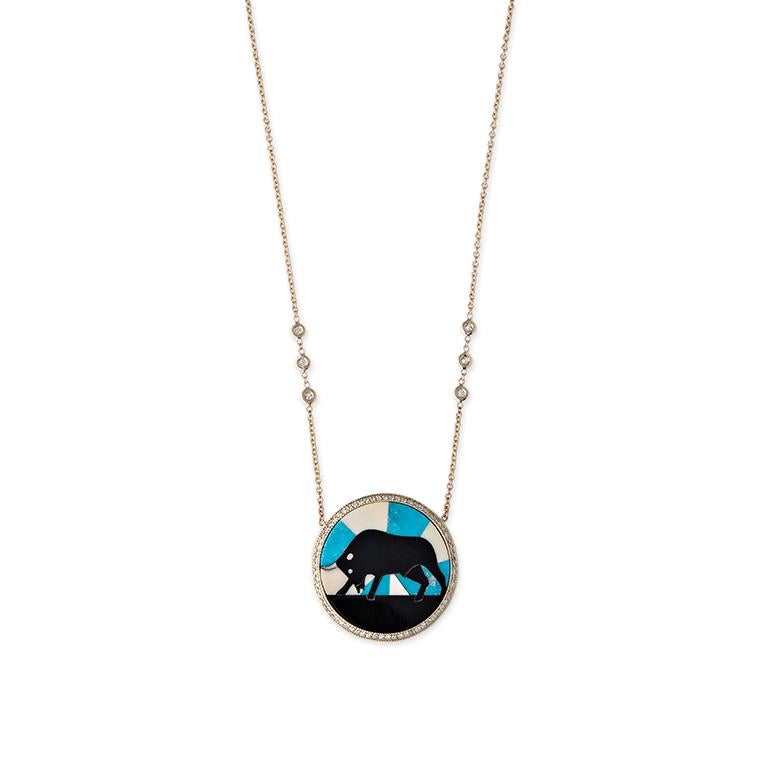 Turquoise and Diamond Inlay Zodiac Necklace For Sale 2