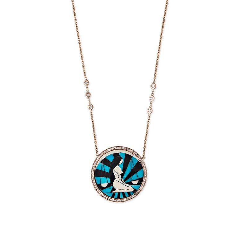 Turquoise and Diamond Inlay Zodiac Necklace For Sale 3