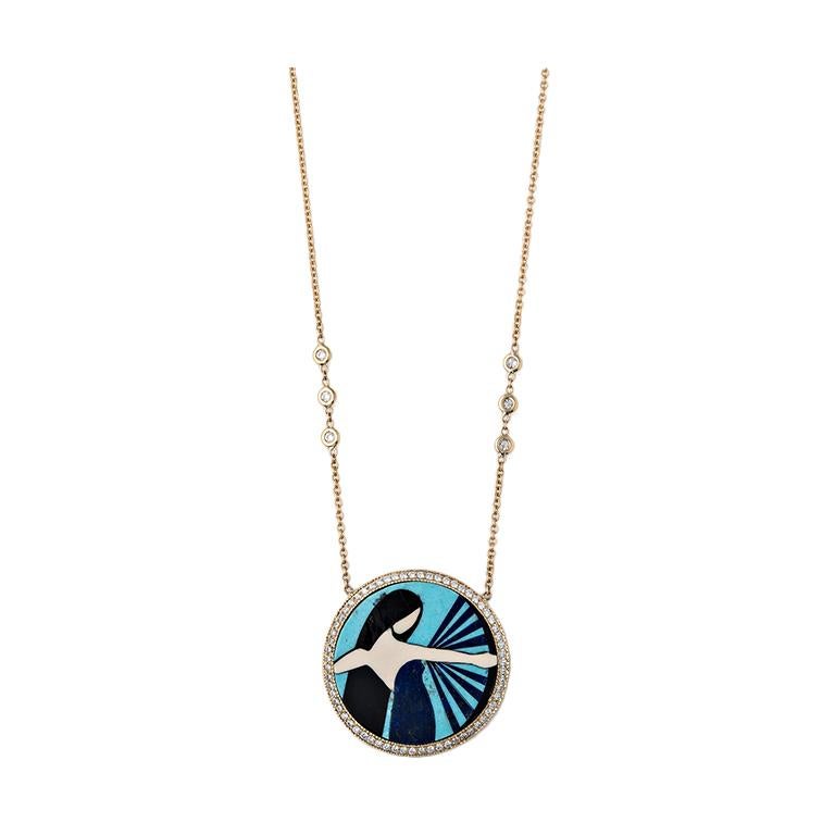 Turquoise and Diamond Inlay Zodiac Necklace For Sale