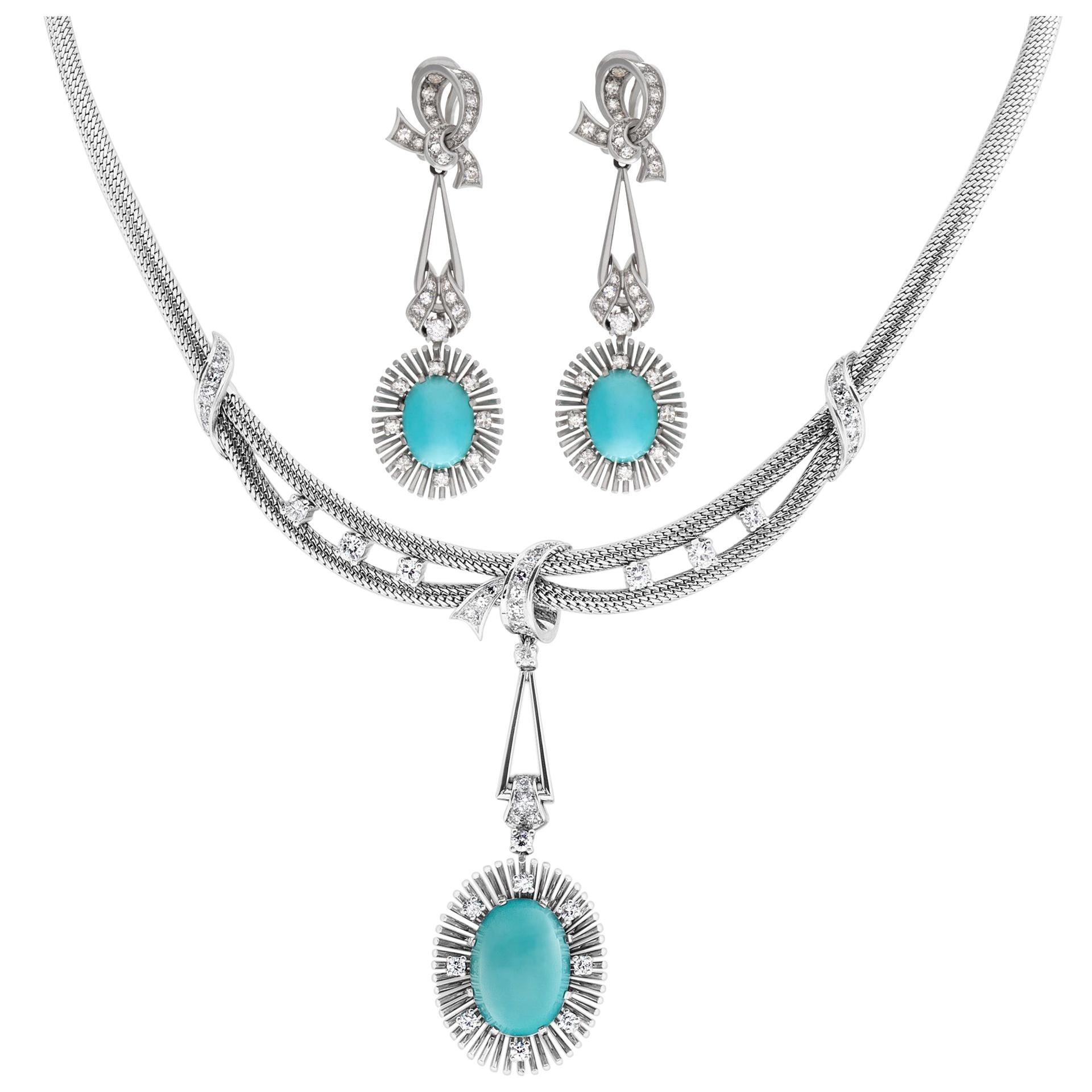 Turquoise and Diamond Necklace and Earrings Set in 18 Karat White Gold