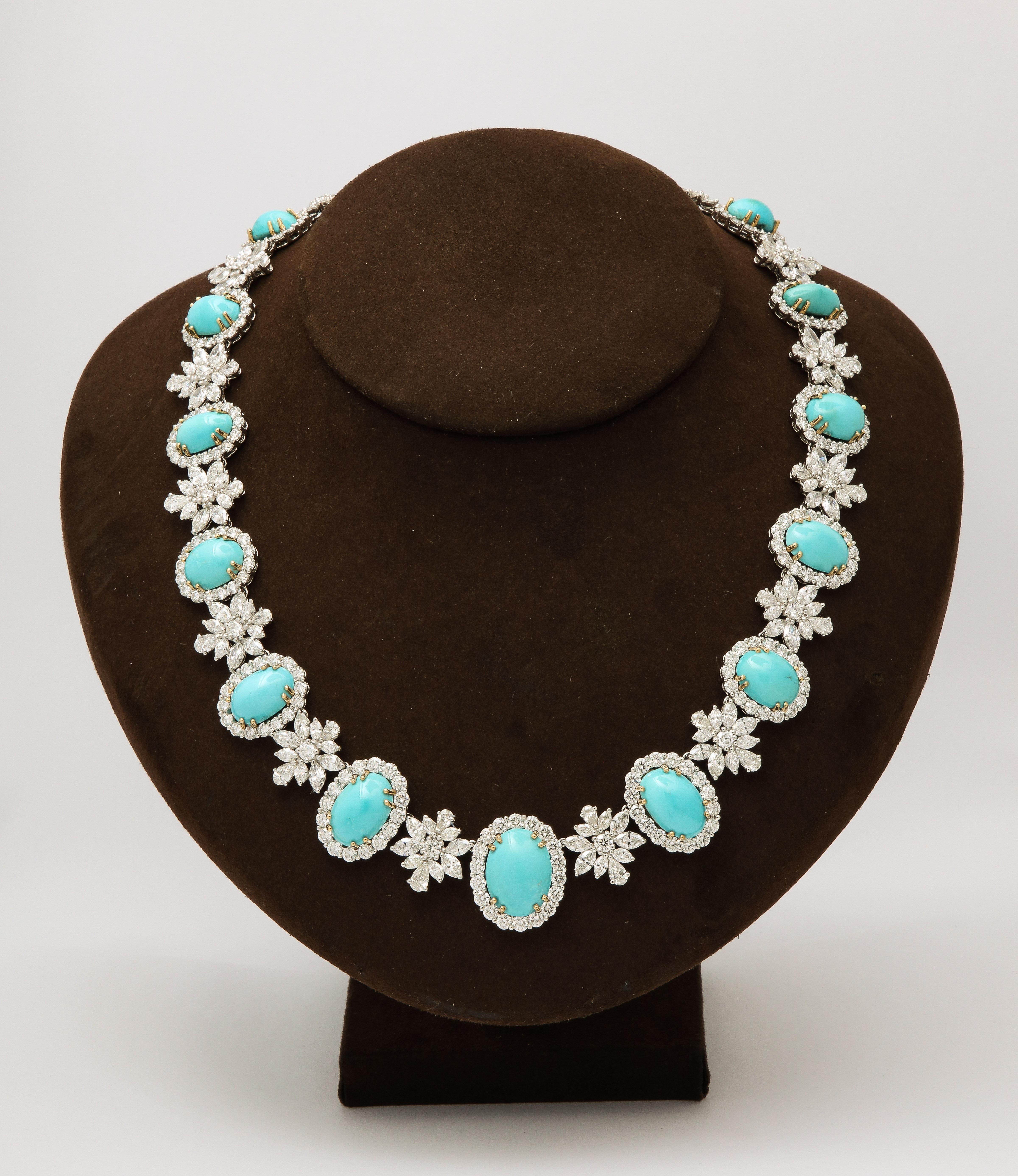 
An INCREDIBLE necklace with Fine Persian Turquoise. 

102 carats of Persian Turquoise 

59.95 carats of white pear, round and marquise cut diamonds. 

Set in platinum 

18 inch length that can be adjusted if necessary. 

A beautiful piece with