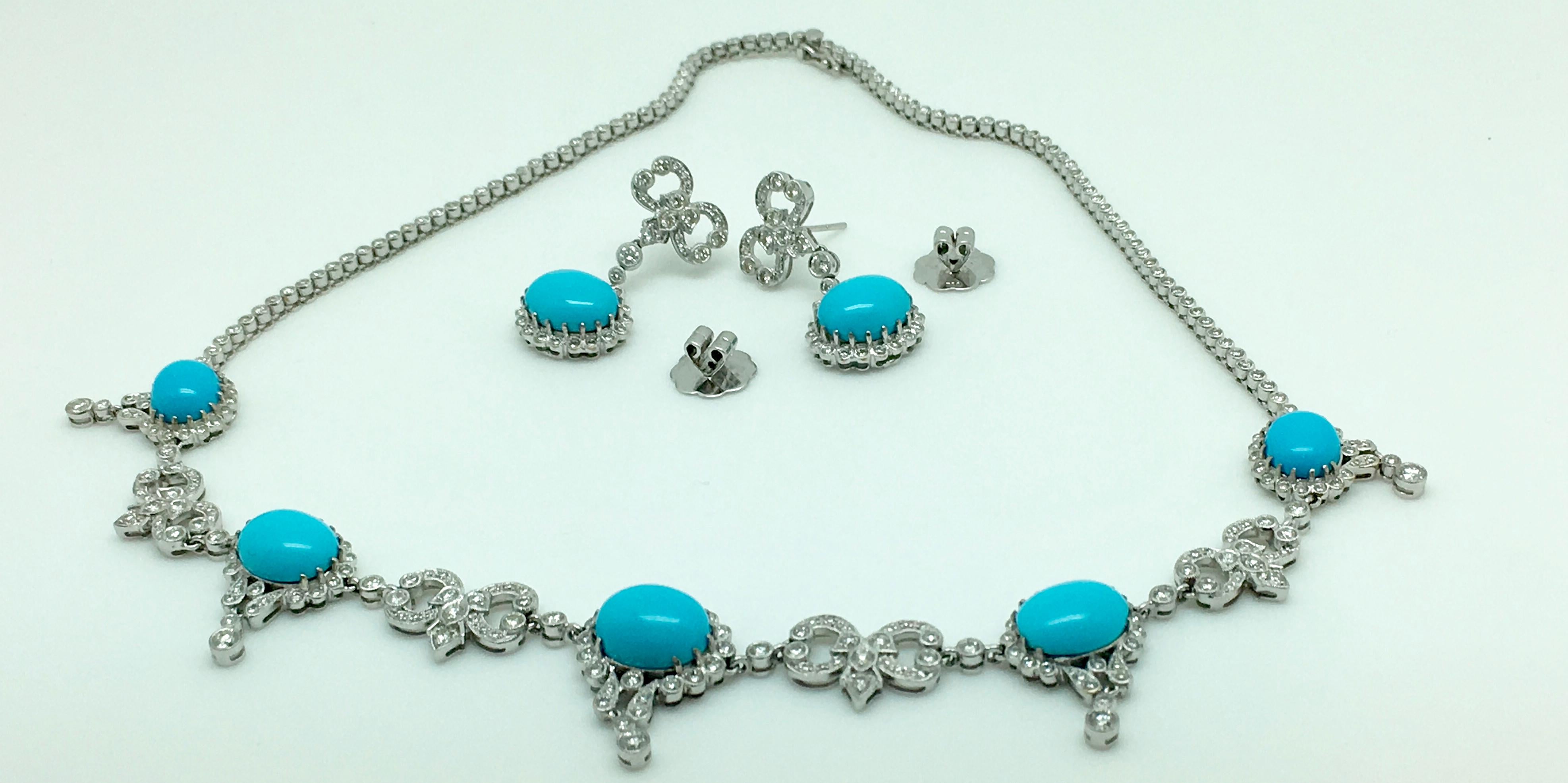 Turquoise and Diamond Necklace with Matching Earrings 18 Karat White Gold In Excellent Condition For Sale In Nashville, TN