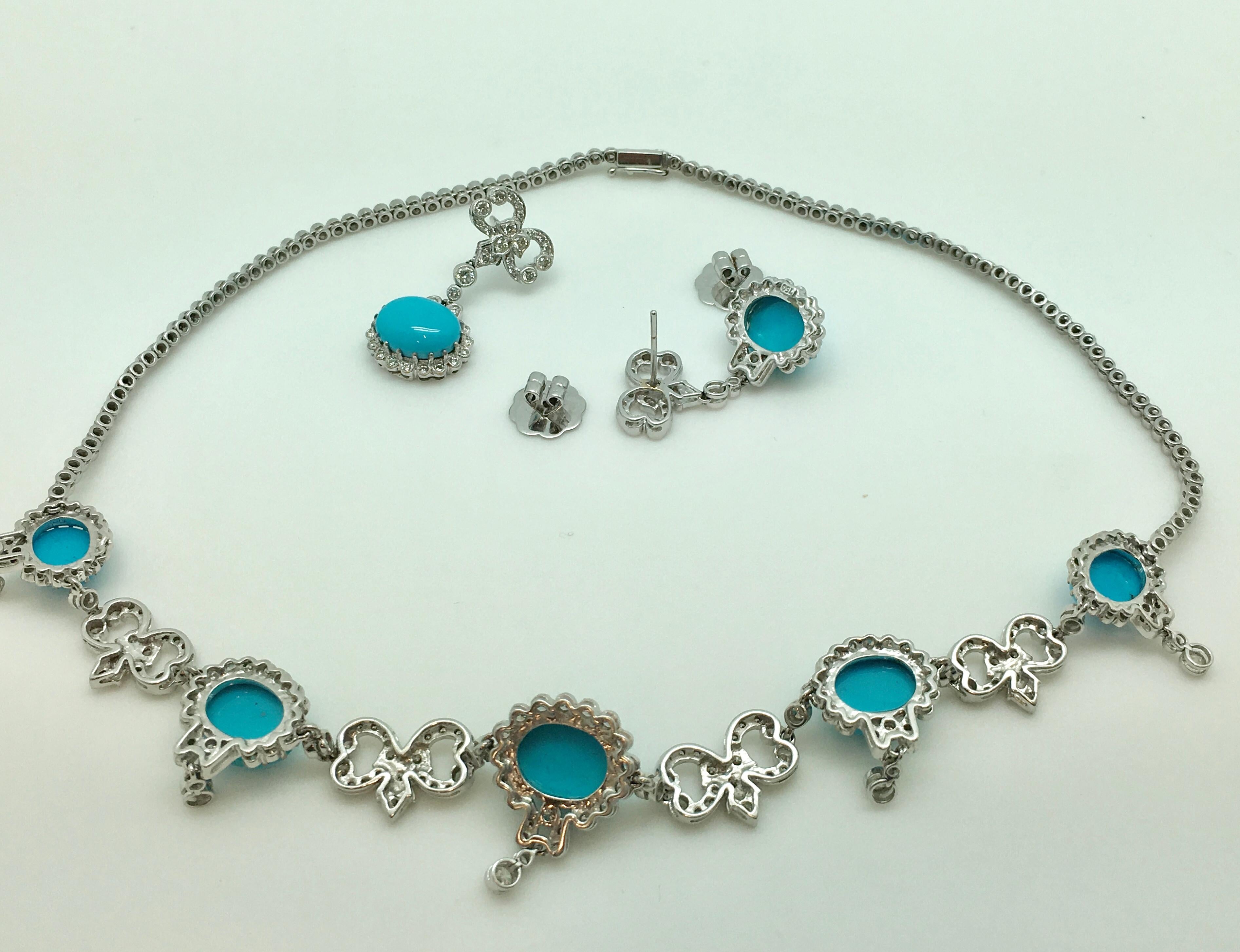 Women's Turquoise and Diamond Necklace with Matching Earrings 18 Karat White Gold For Sale