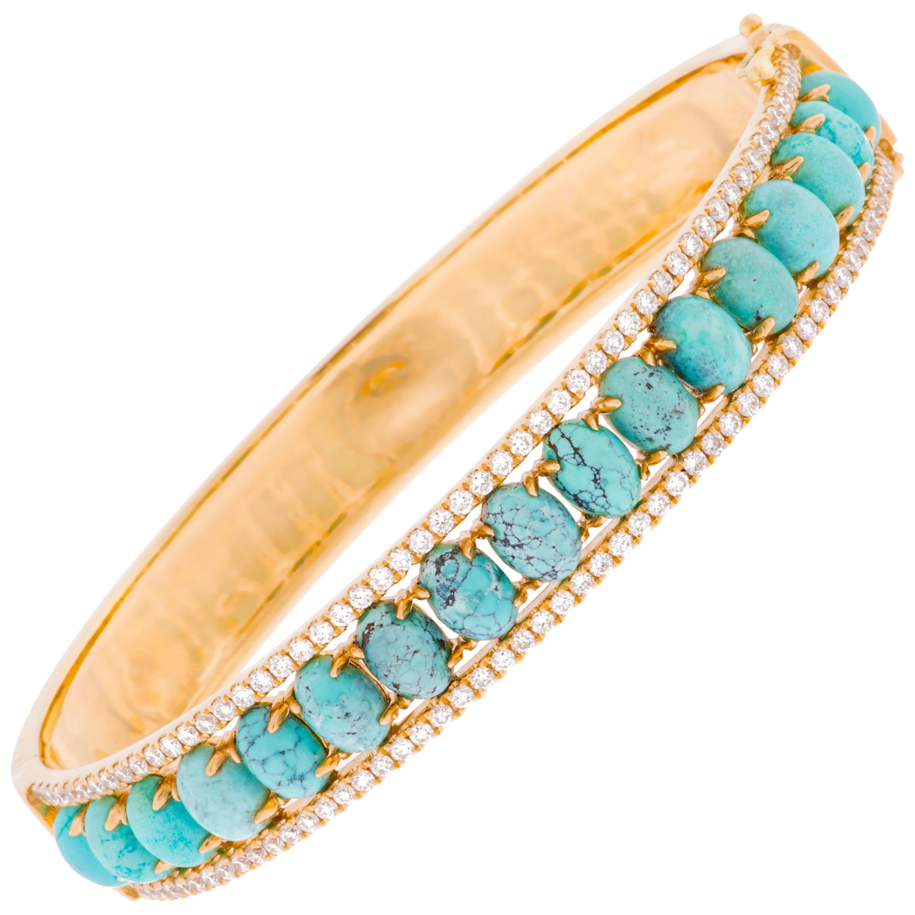 Turquoise and Diamond 'Pacific Moons' 18 Karat Polished Gold Bangle For Sale