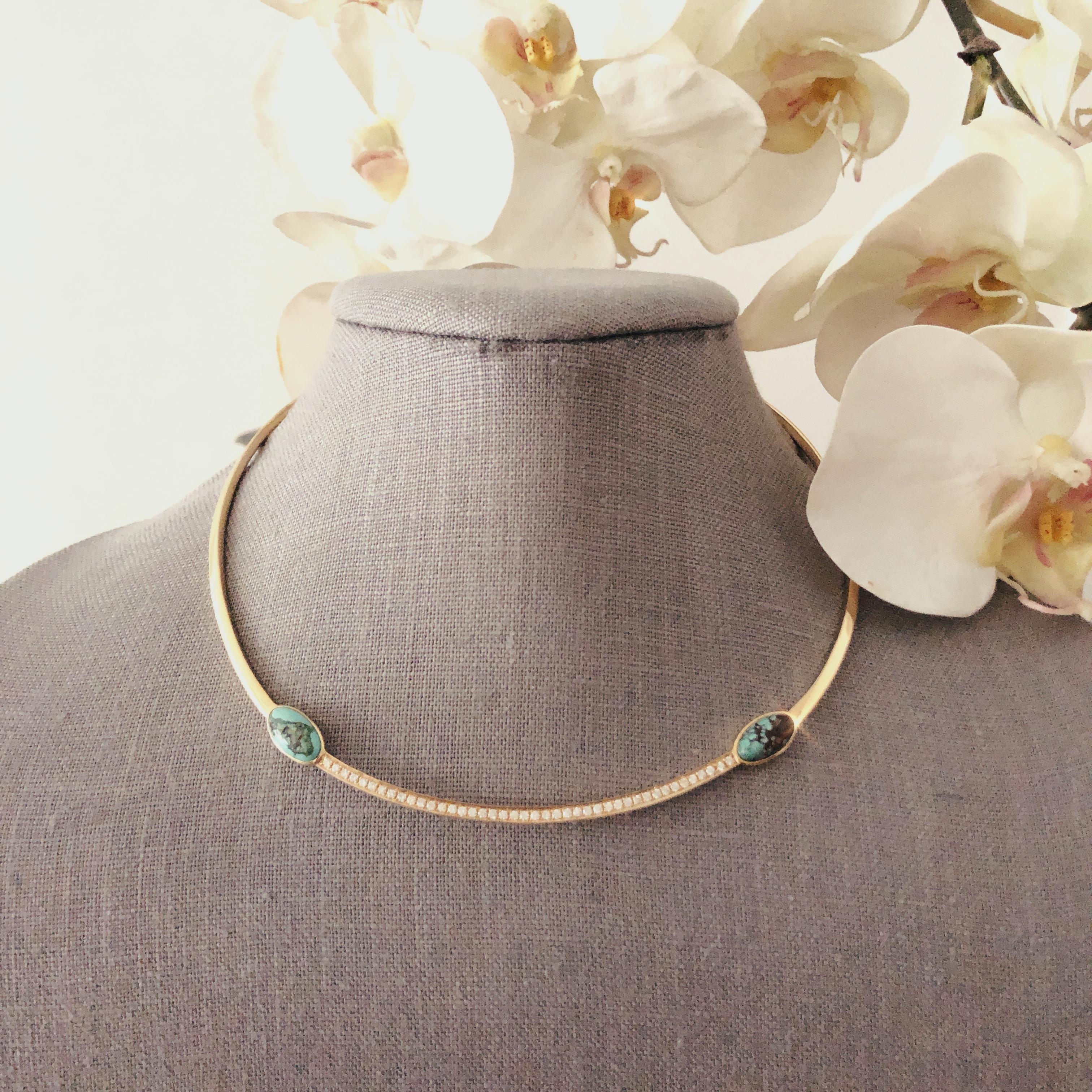 Contemporary Turquoise and Diamond 'Pacific Moons' 18 Karat Gold Necklace Collar For Sale