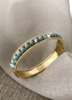 Turquoise and Diamond 'Pacific Moons' 18 Karat Polished Gold Bangle