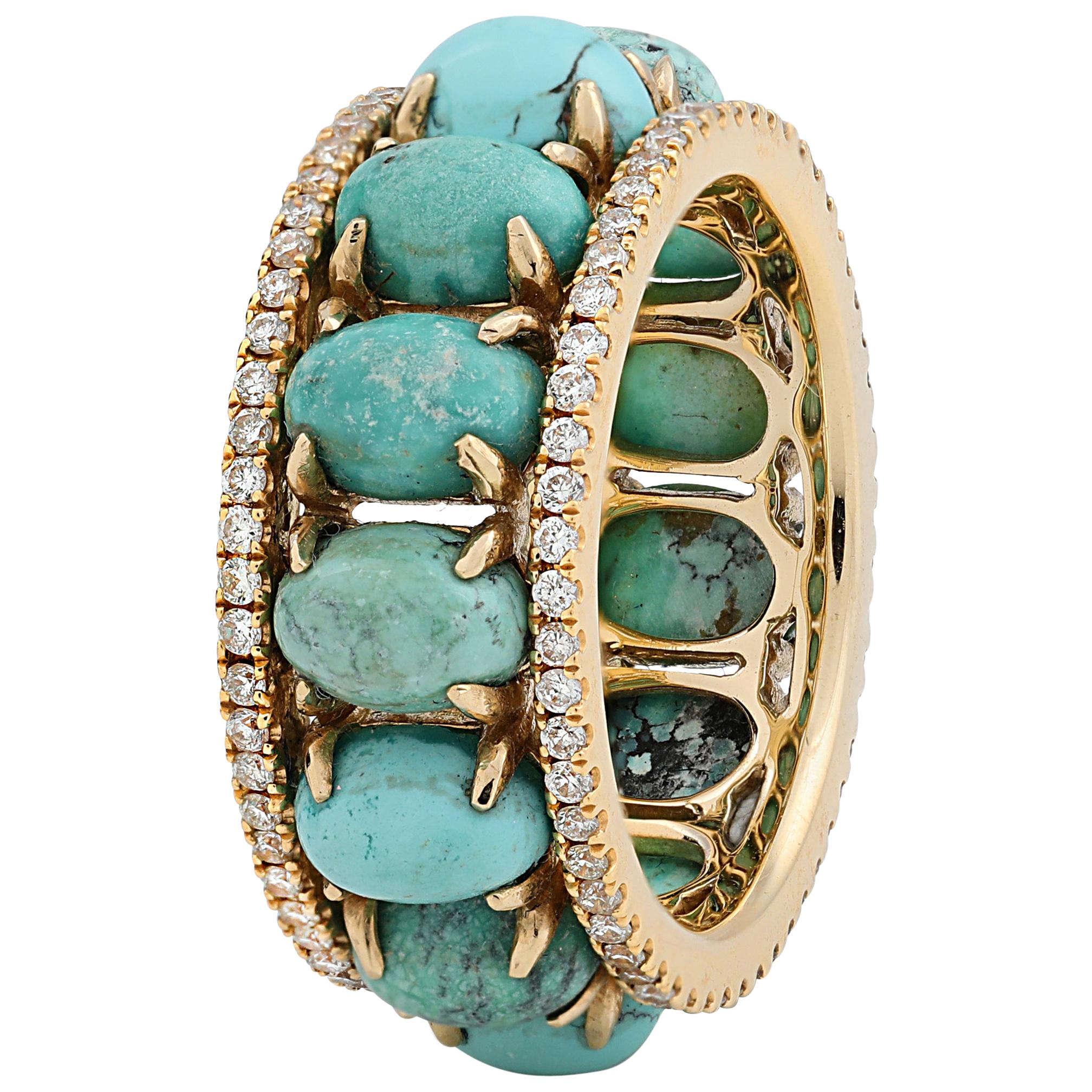Turquoise and Diamond 'Pacific Moons' Eternity Ring in 18 Karat Gold For Sale