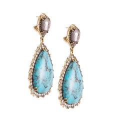 Sylva & Cie Handmade Turquoise and Diamond Pear Shape Drop Earrings in 18k Gold