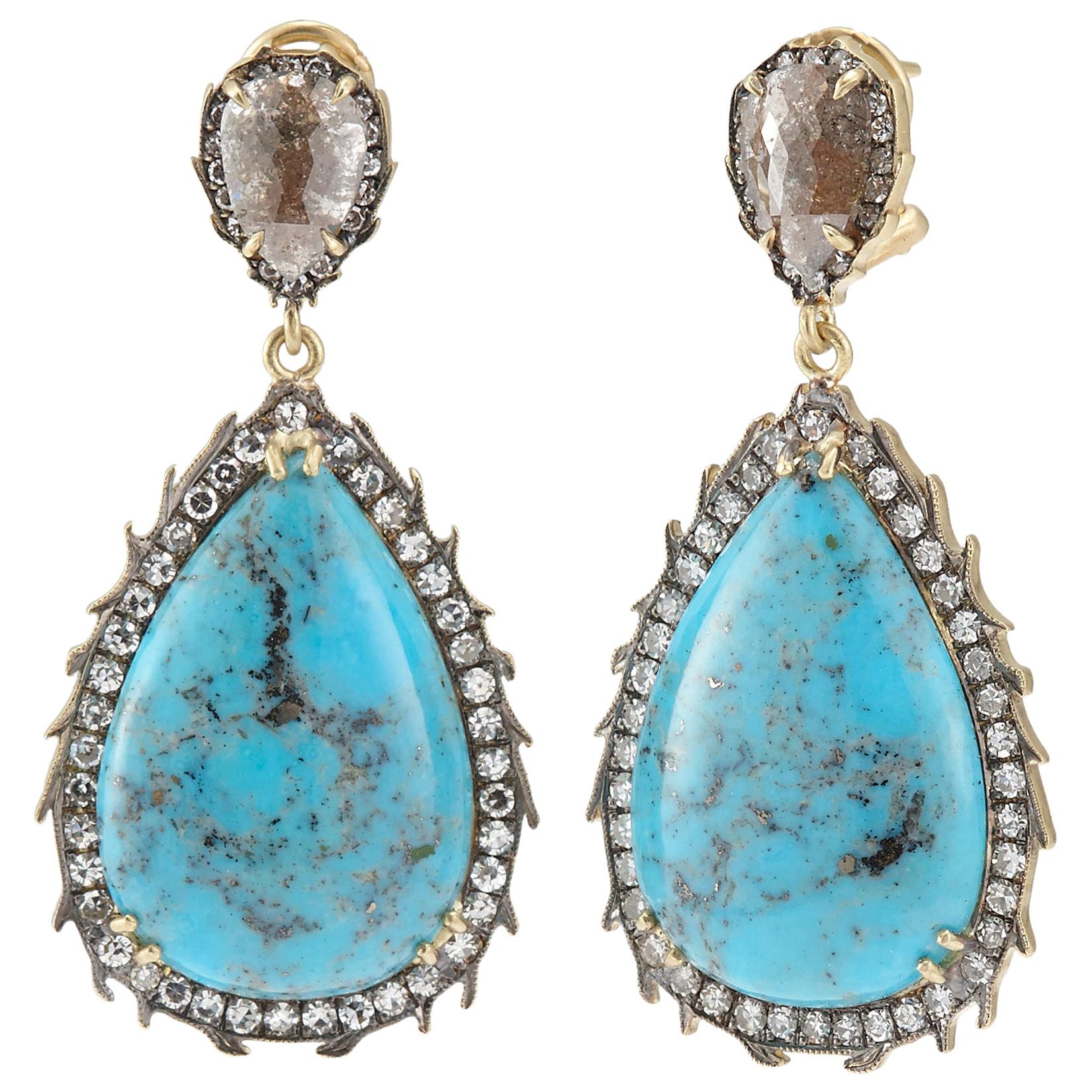 Sylva 
Cie Handmade Turquoise and Diamond Pear Shape Drop Earrings in 18k Gold For Sale