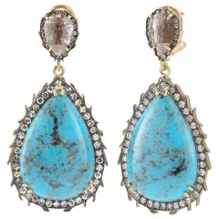 Sylva & Cie Handmade Turquoise and Diamond Pear Shape Drop Earrings in 18k Gold