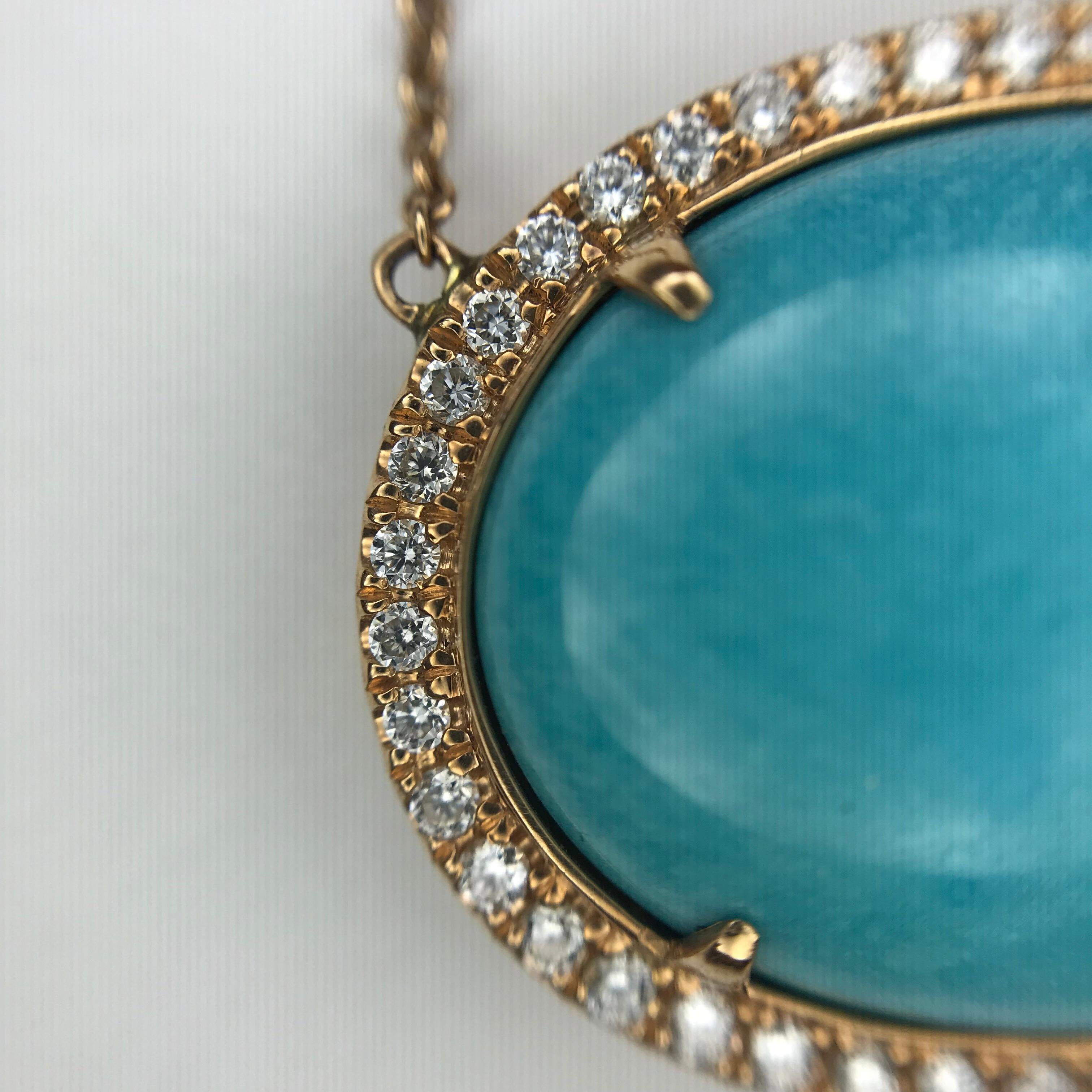Oval Cut Turquoise and Diamond Pendant Necklace For Sale