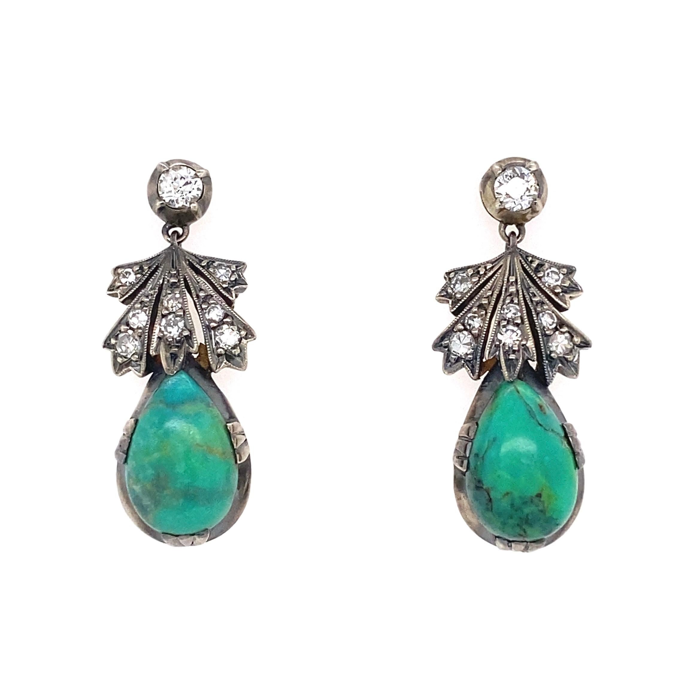 Beautiful and finely detailed Edwardian Dangle Earrings, featuring 2 Pear shape Blue Turquoise stones gemstones, enhanced by 2 old European cut natural diamonds weighing approx. 0.40ctw and single cut diamonds weighing approx. 0.27ctw. Hand crafted