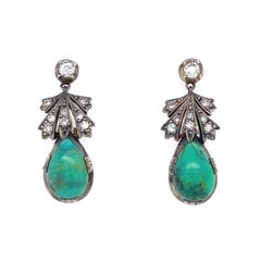 Turquoise and Diamond Platinum Edwardian Style Drop Earrings Fine Estate Jewelry