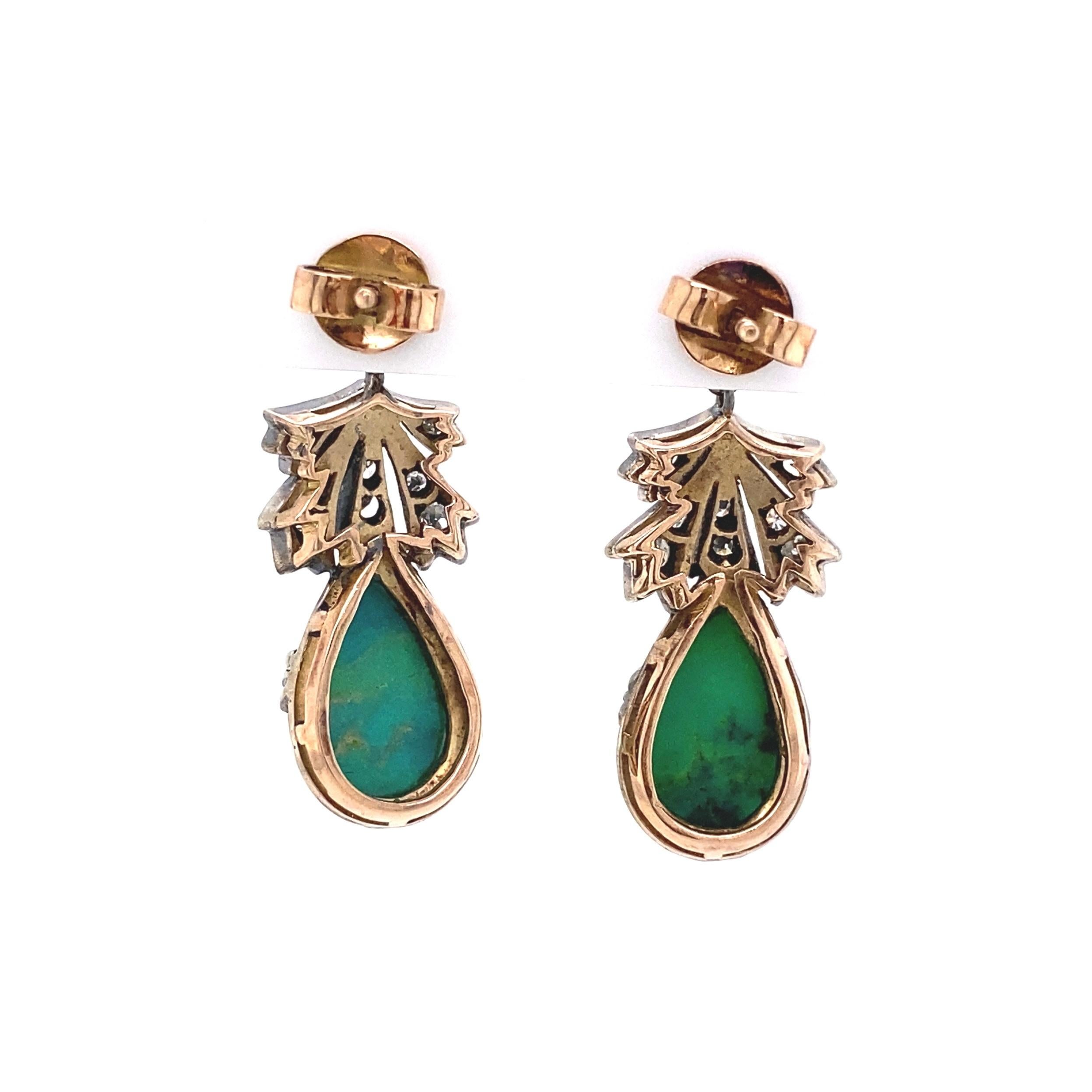 Mixed Cut Turquoise and Diamond Platinum Edwardian Style Drop Earrings Fine Estate Jewelry