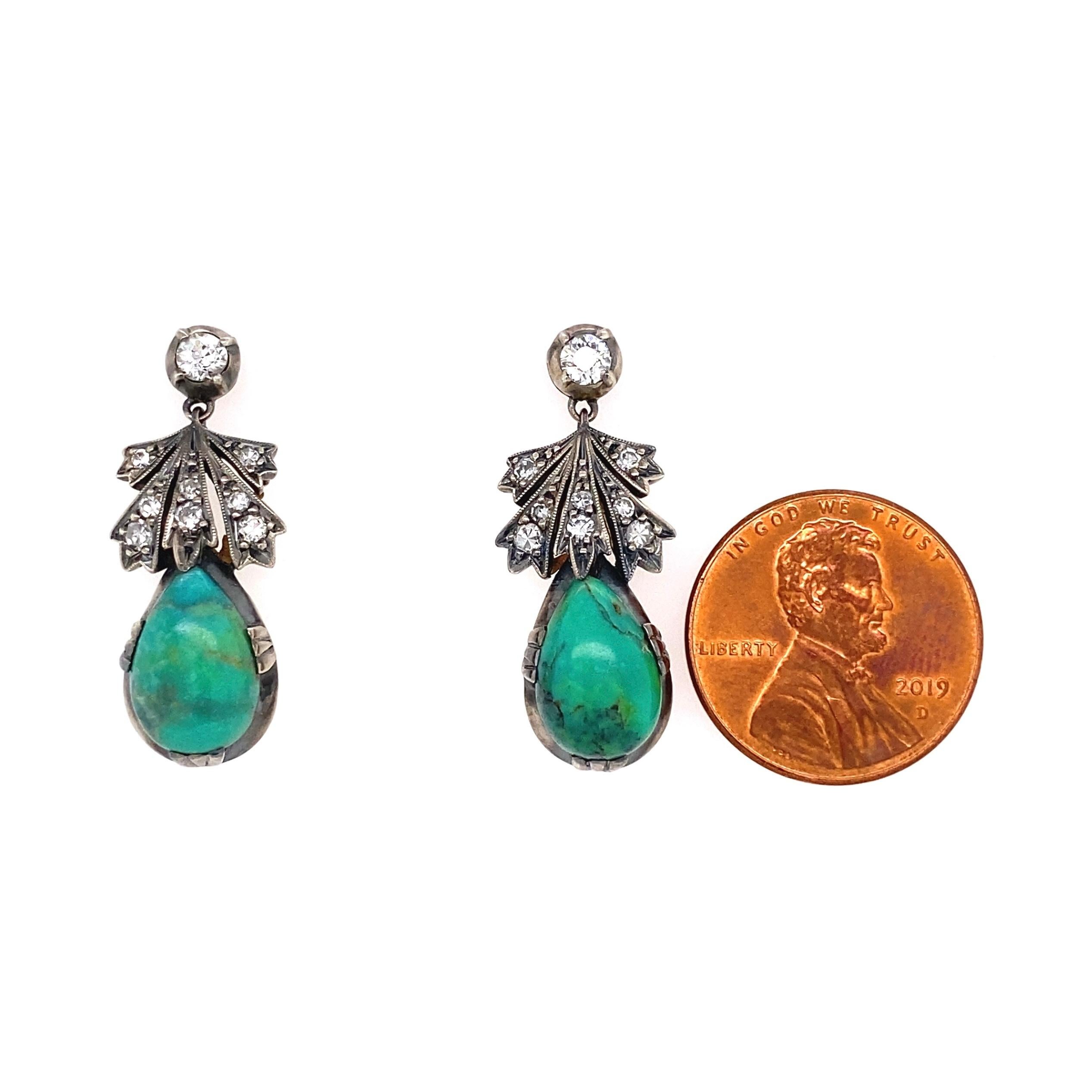 Turquoise and Diamond Platinum Edwardian Style Drop Earrings Fine Estate Jewelry In Excellent Condition In Montreal, QC
