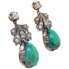 Vintage Turquoise and Diamond Platinum Edwardian Style Drop Earrings Fine Estate Jewelry