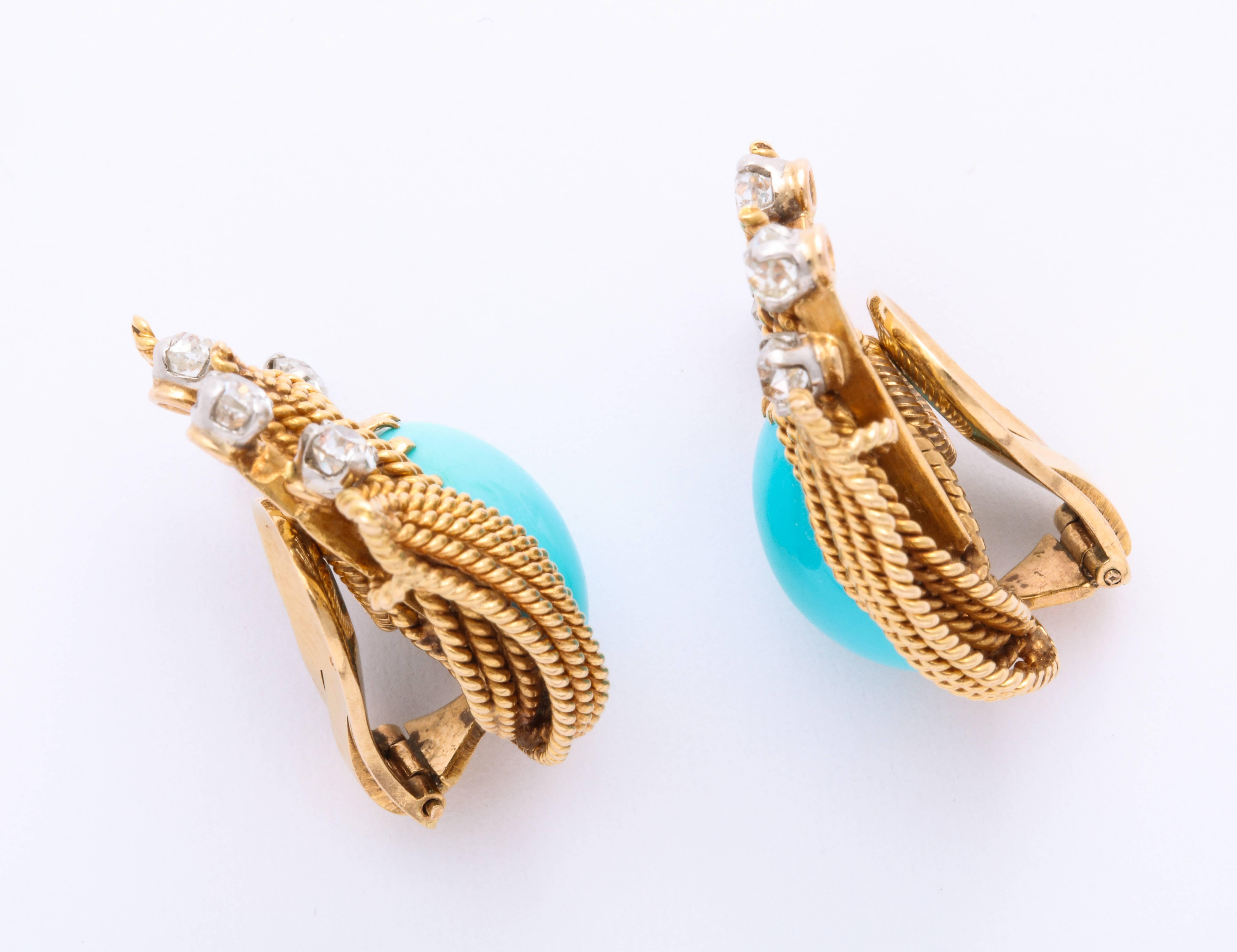 Old European Cut Turquoise and Diamond Retro Clip-On Earrings