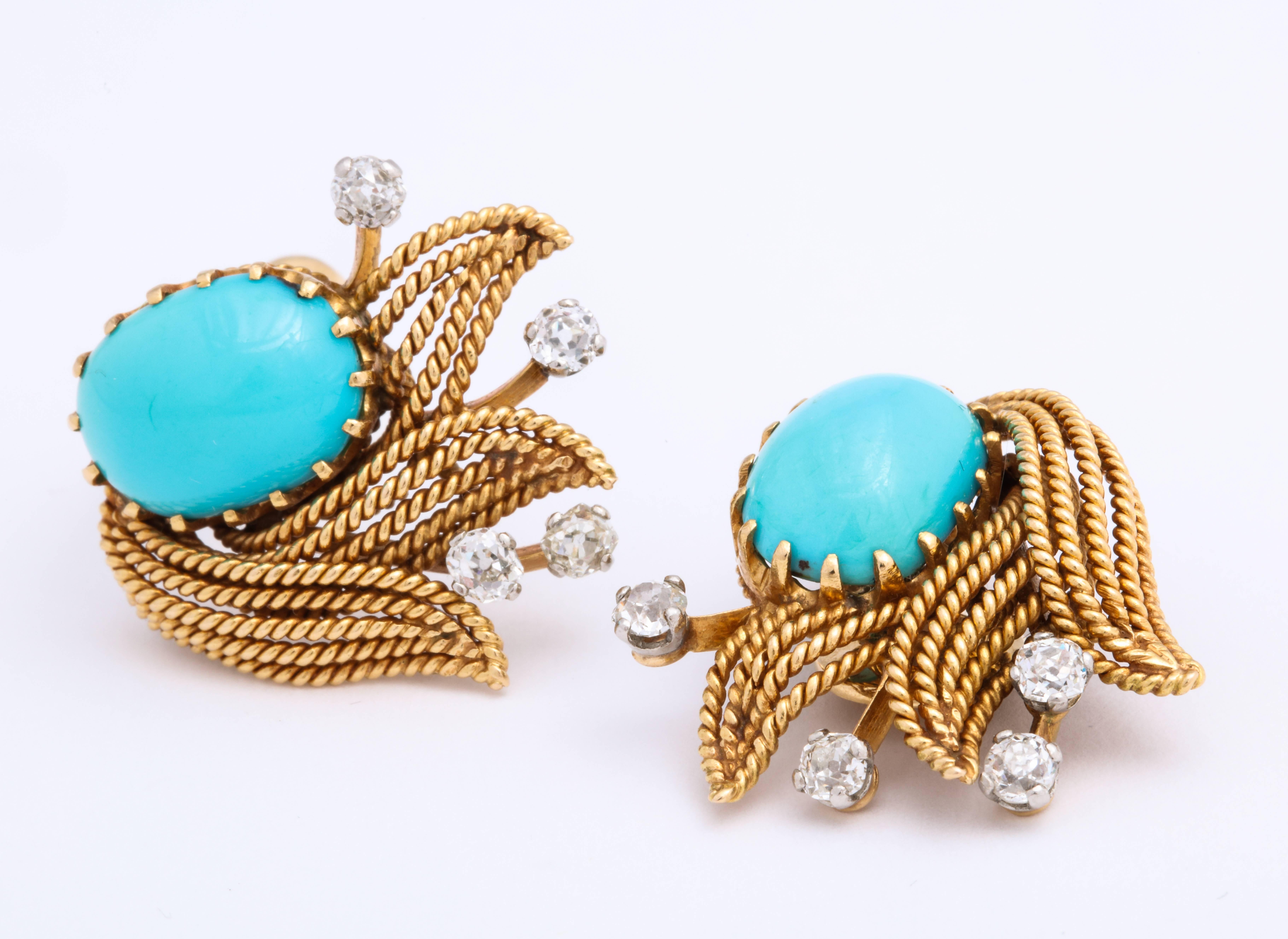 Turquoise and Diamond Retro Clip-On Earrings In Excellent Condition In New York, NY