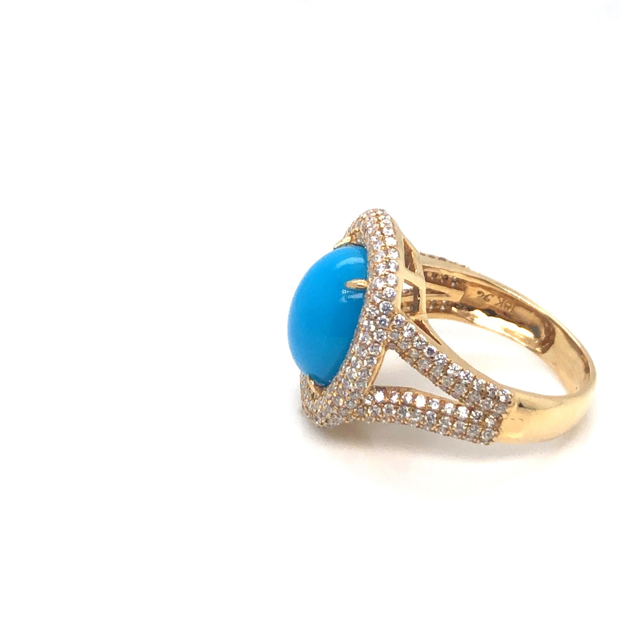 Oval Cut Turquoise And Diamond Ring 18K Yellow Gold For Sale