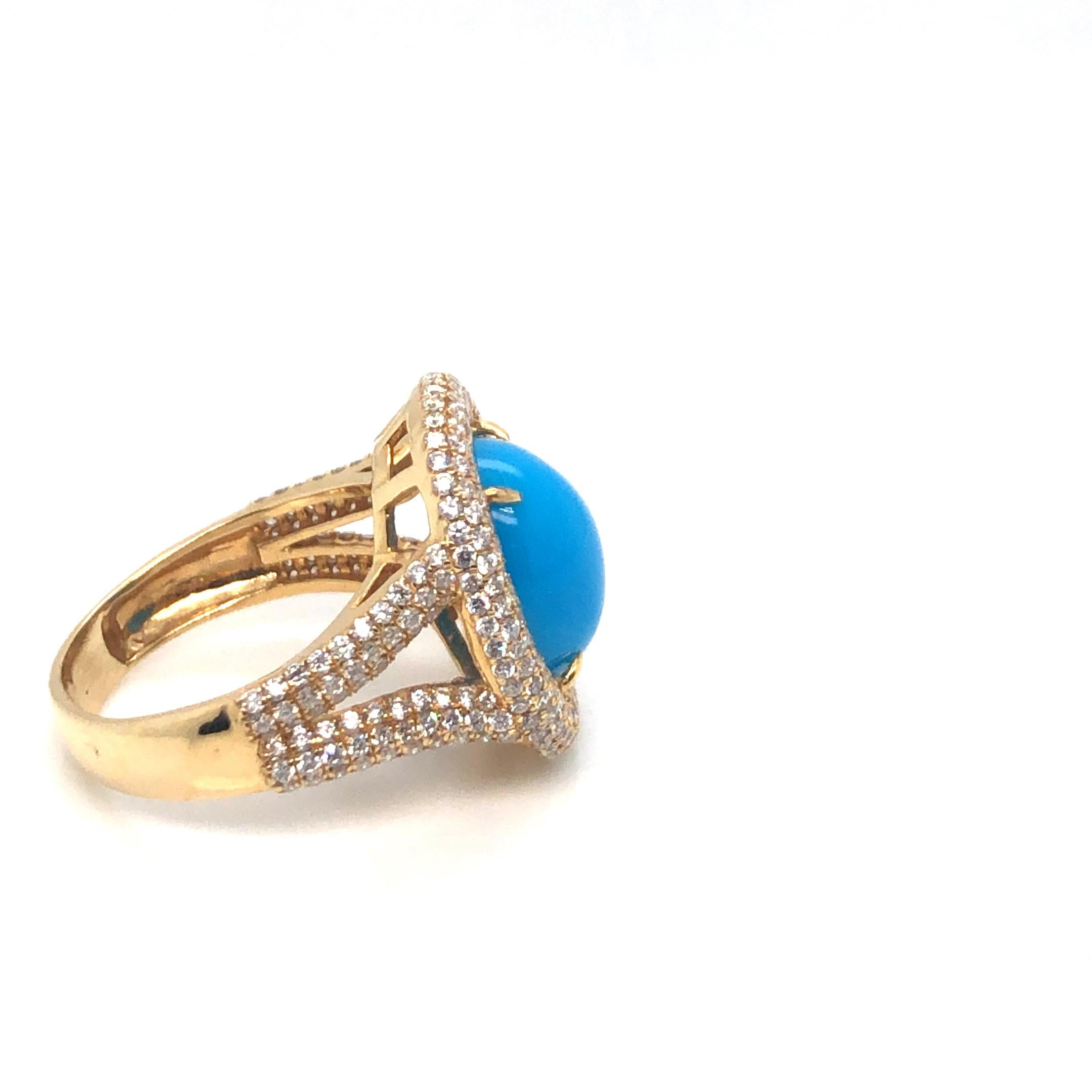 Women's Turquoise And Diamond Ring 18K Yellow Gold For Sale