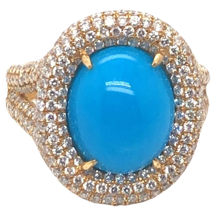 Turquoise And Diamond Ring 18K Yellow Gold For Sale