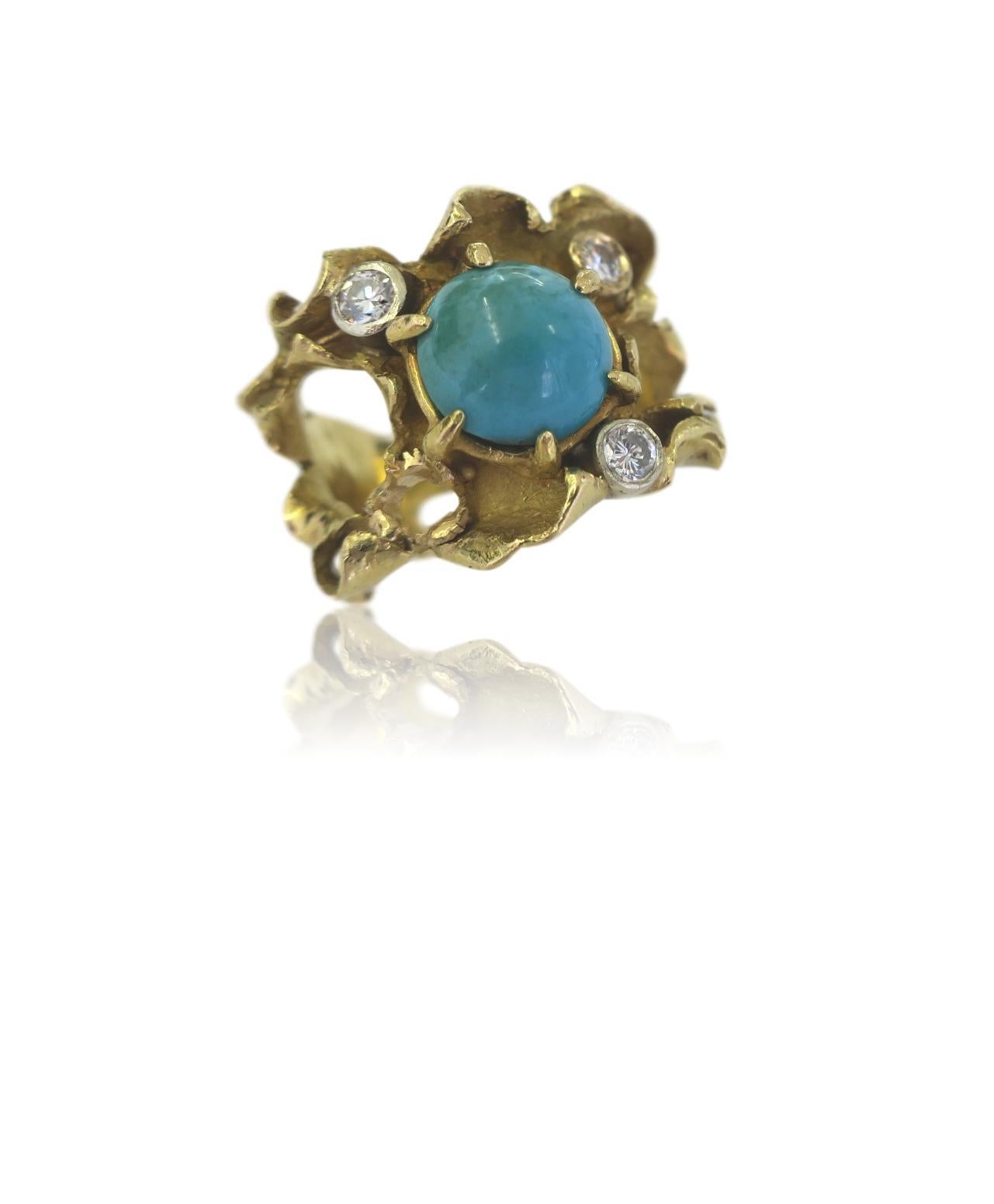 Brutalist Turquoise and Diamond Ring. The 5/8