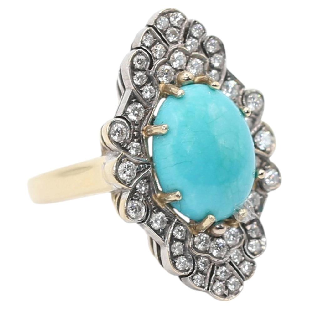 Turquoise and Diamond Ring in Yellow and White Gold, Circa 1970 For Sale