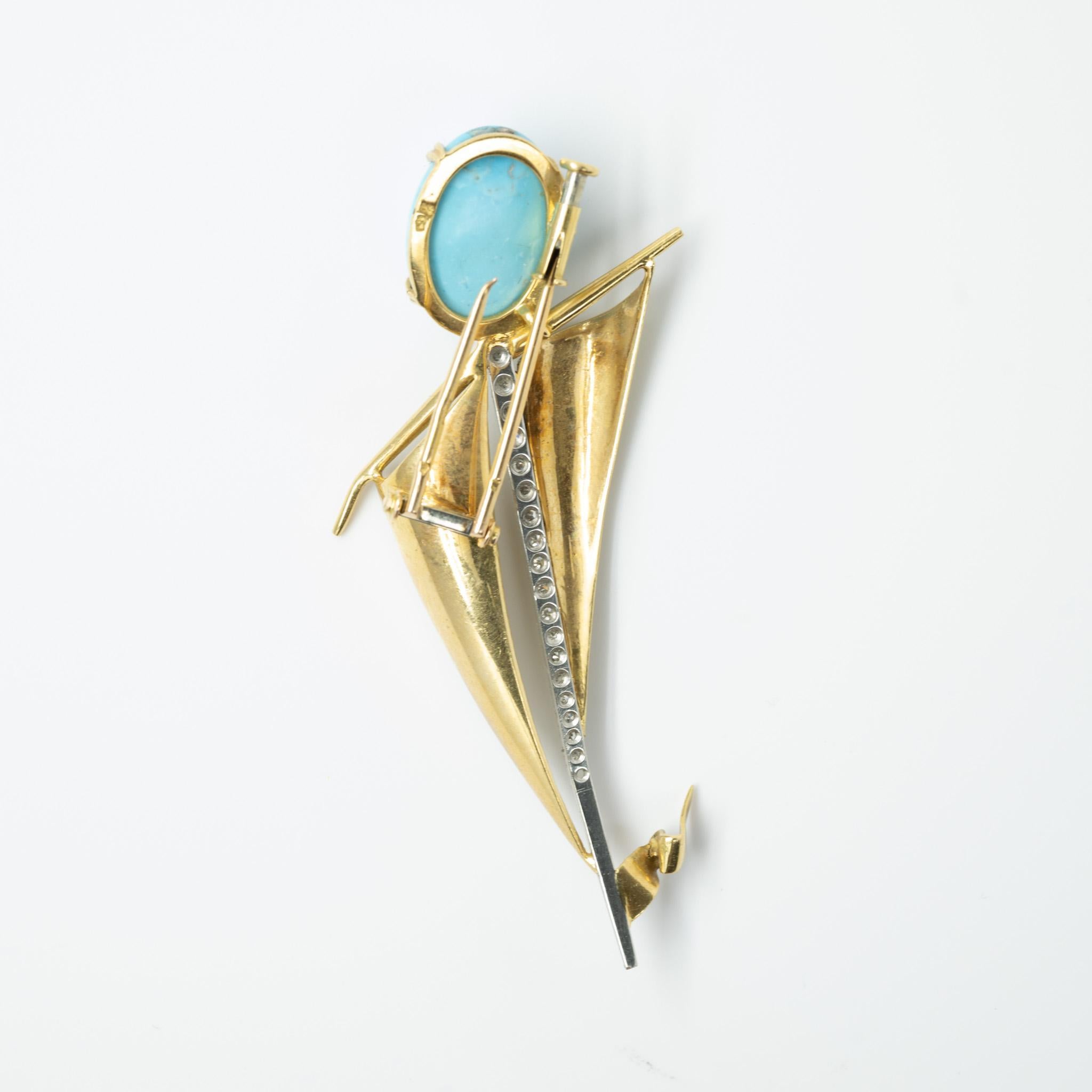 Turquoise and Diamond Sailboat Nautical 14k Gold Brooch 5