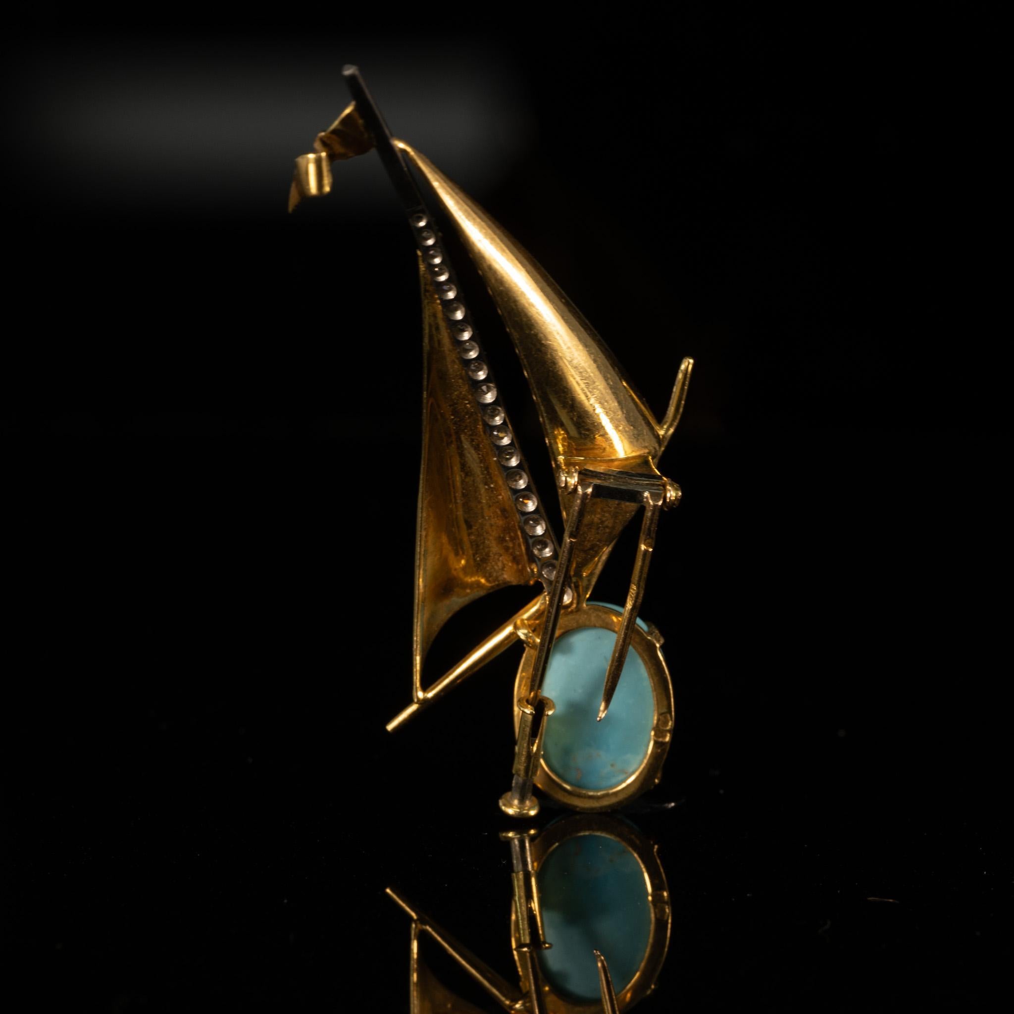 Turquoise and Diamond Sailboat Nautical 14k Gold Brooch In Good Condition In Addison, TX